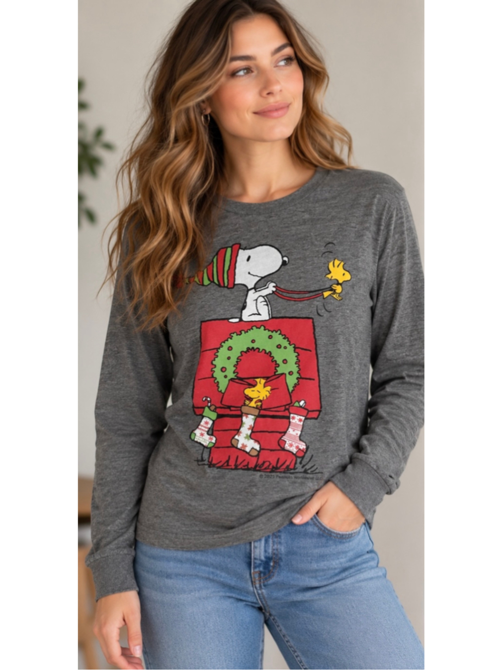 Torrid Peanuts Snoopy Woodstock Christmas Long Sleeve Tee Gray Plus Size 0 NWT